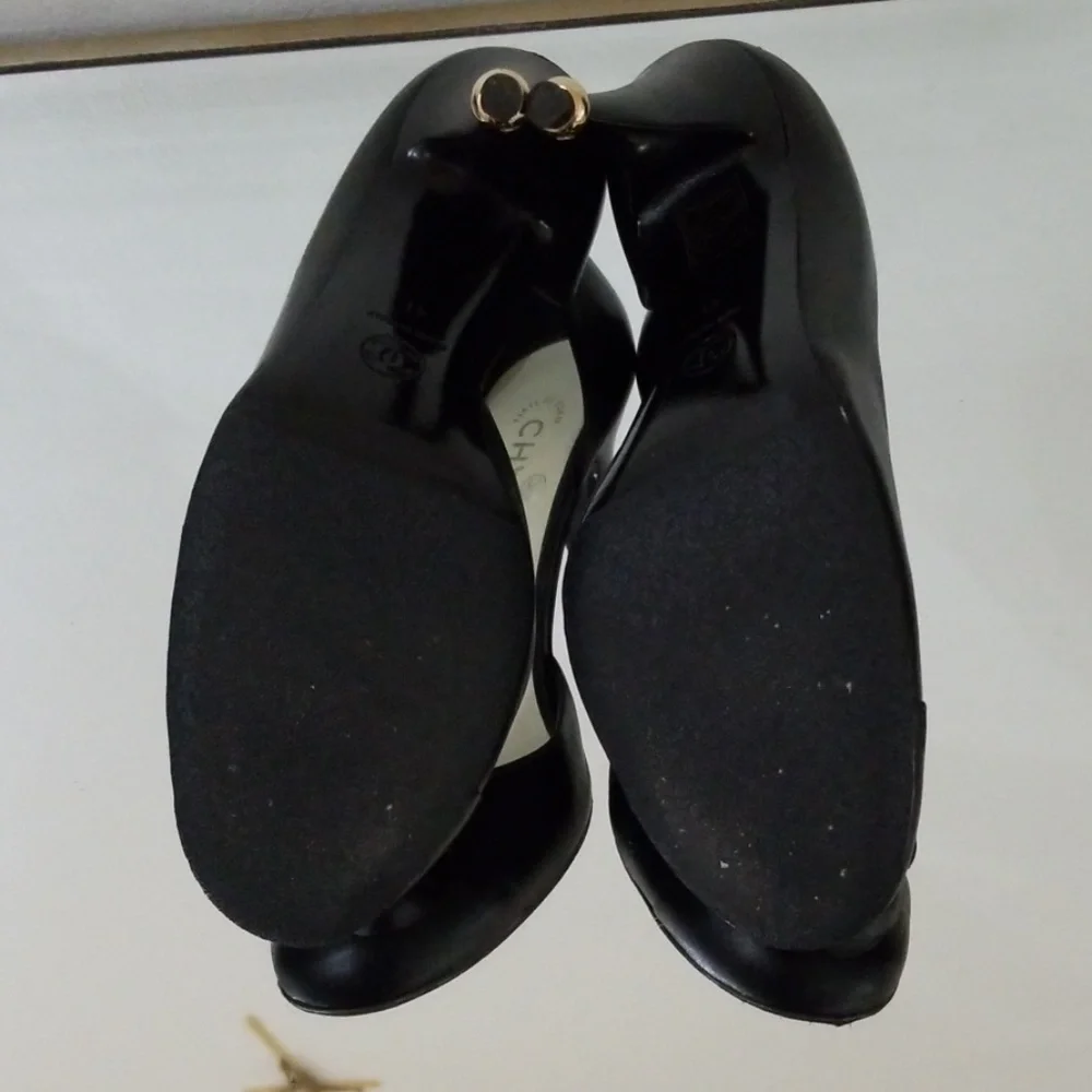 CHANEL Black Leather Camellia Peep-Toe Pumps